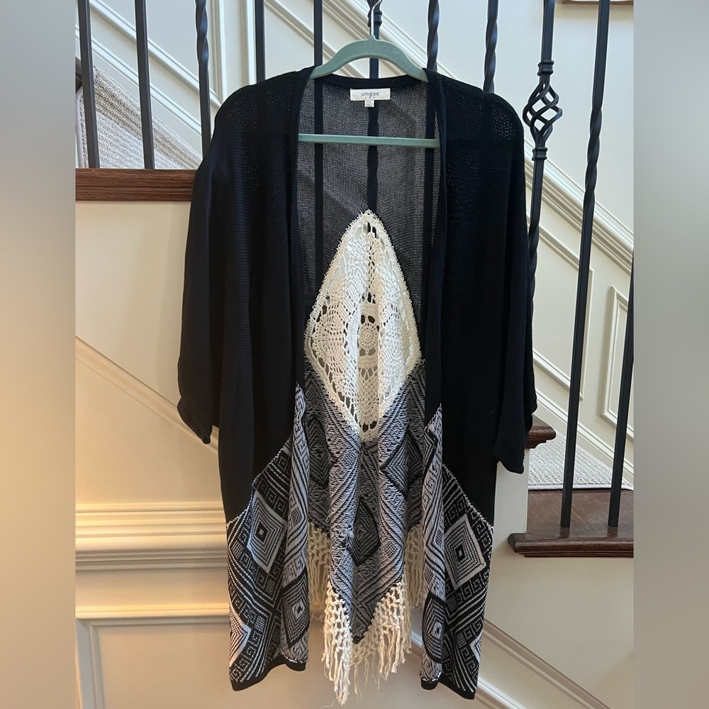 Umgee Boho Black Crochet Knit Open Front Kimono